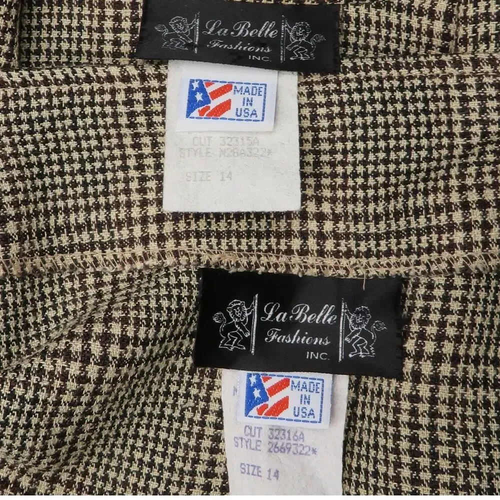 Vintage La Belle Brown Houndstooth Skirt Suit Size 14 Large Retro Corpcore
